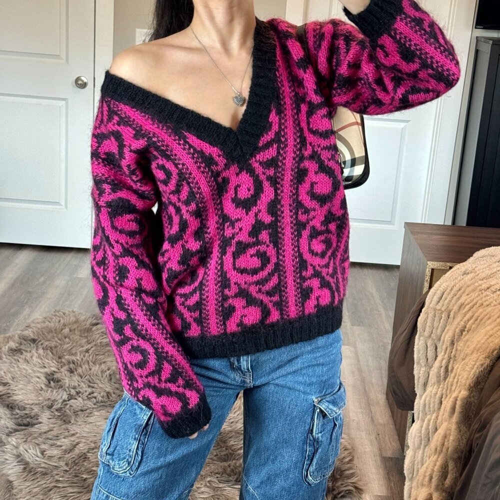 Vintage Mohair Sweater Abstract V-Neck Retro Grunge Cozy Pink/Black Artsy Sz M